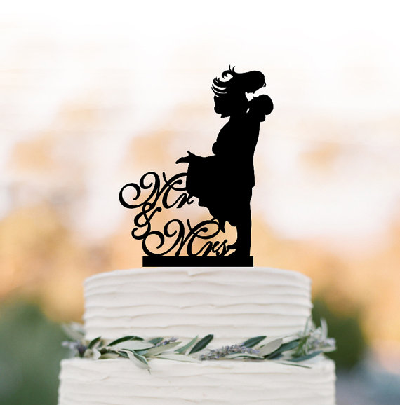 Hochzeit - Mr and Mrs bride and groom silhouette Wedding Cake topper, cake decoration, funny wedding cake toppers silver mirror available