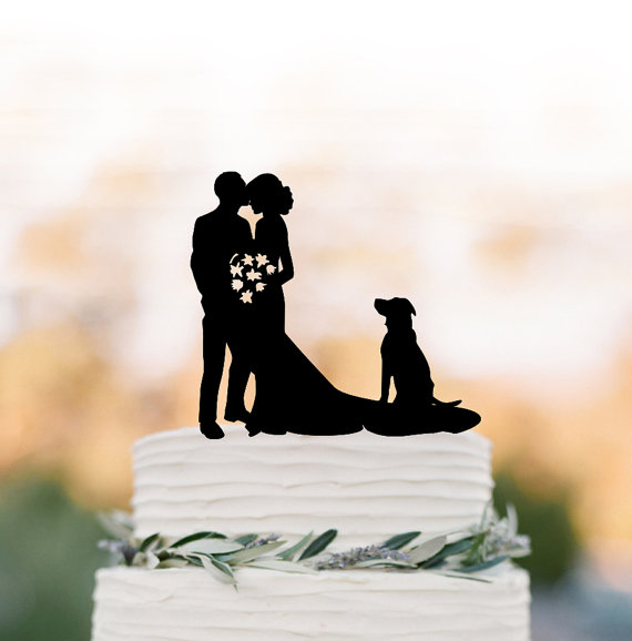 Hochzeit - groom kissing brides forehead silhouette Wedding Cake topper with dog, funny wedding cake decor people