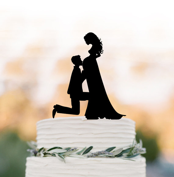 Hochzeit - pregnant bride Wedding Cake topper funny, Bride and groom silhouette , cake decor, long hair bride