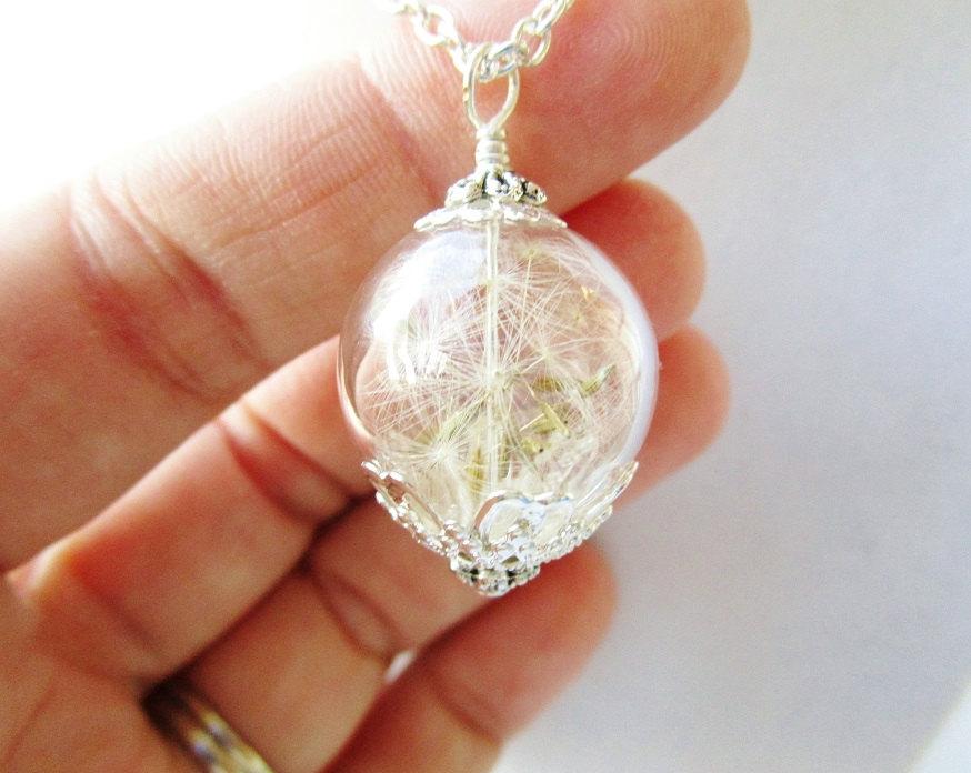 Wedding - Dandelion Seed Wishing Orb Terrarium Necklace In Silver or Bronze, Bridesmaid Gift, Stocking Stuffer