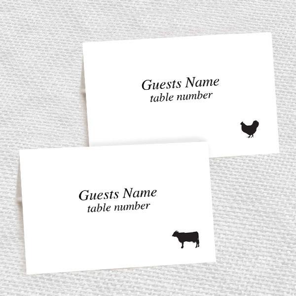 Mariage - beef chicken fish pork and vegetarian meal choice place cards - printable editable file - DIY escort cards print at home wedding reception