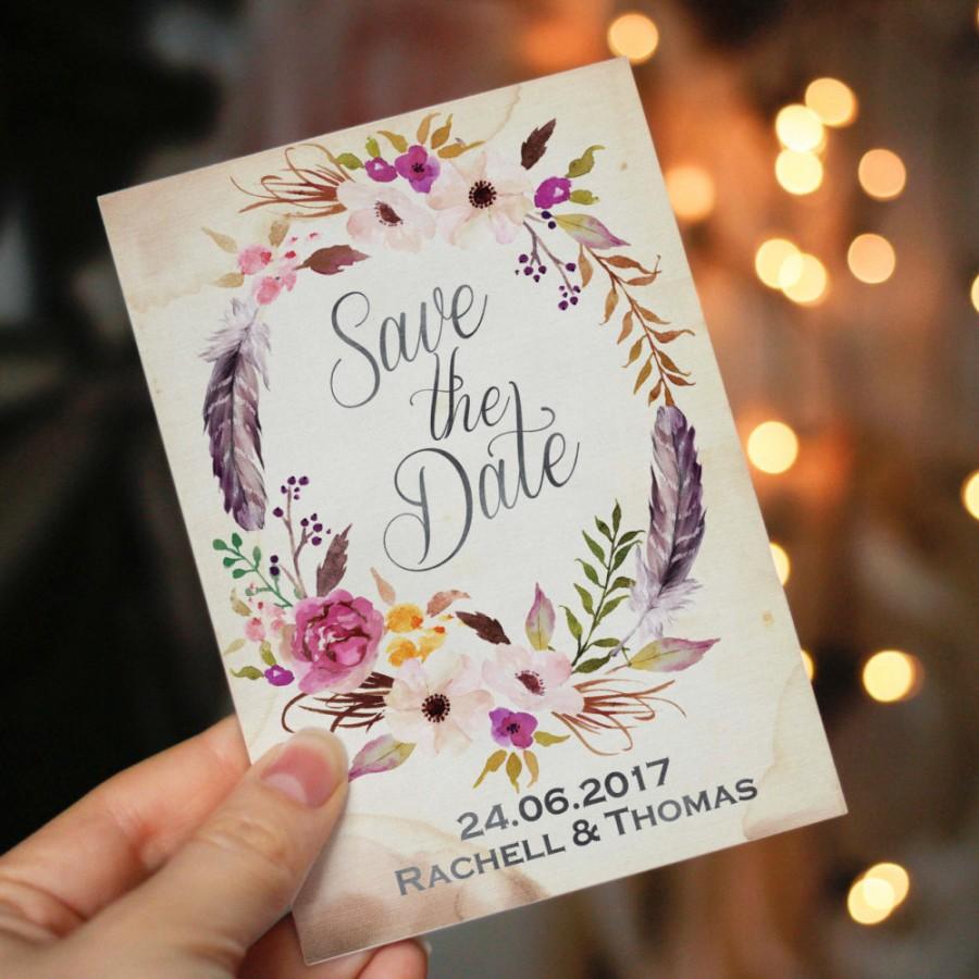 Mariage - printable save the date watercolor floral wedding invitation printable boho wedding save our date floral wreath vintage romantic bohemian