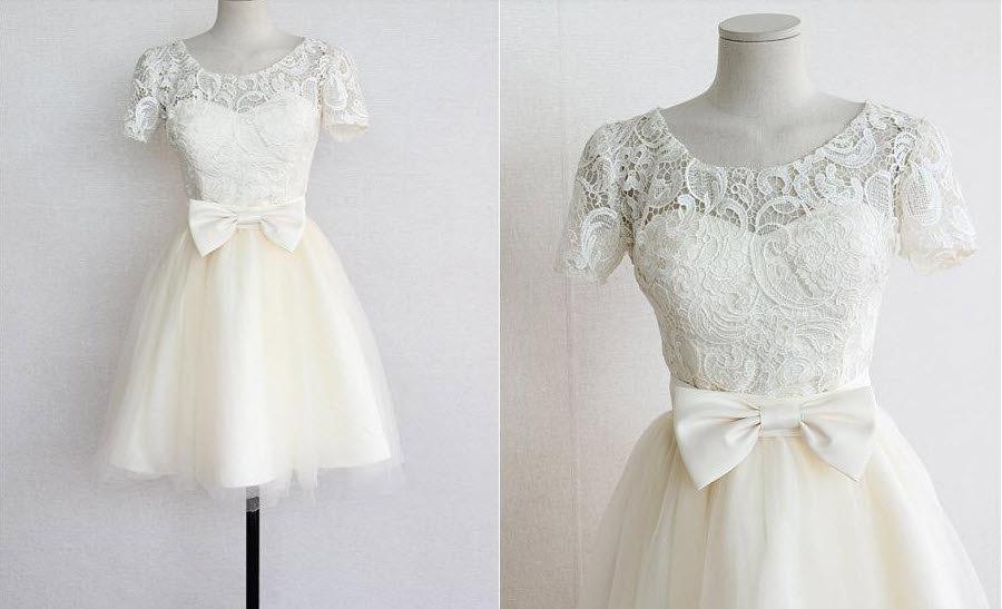Hochzeit - 50shouse_ 50s inspired retro feel lace top with short sleeves Tulle tea/Knee length wedding dress with bow_ custom make