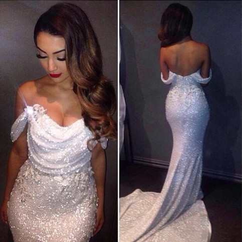 Wedding - Sexy V-neck Cap Sleeves Sequined With Flowers White Mermaid Prom Dress Sweep Train from Dressywomen