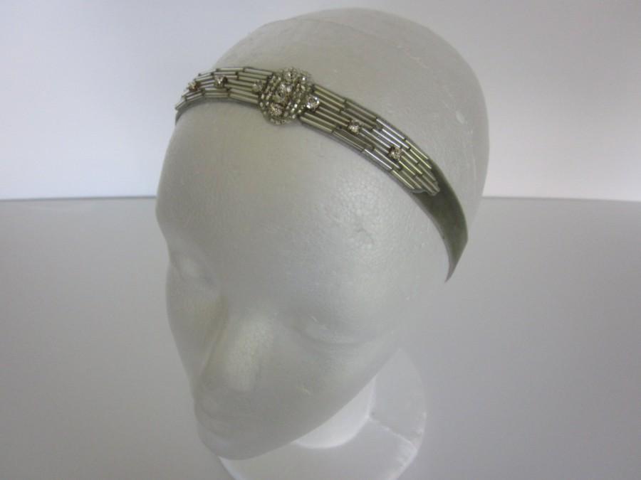 زفاف - Silver Rhinestone headband Art Deco bridal headpiece Crystal fascinator Art Deco hair accessories sage green wedding velvet flapper
