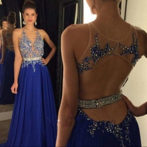 Mariage - Elegant Long Prom Dress - Royal Blue V-Neck with Appliques for Women from Dressywomen