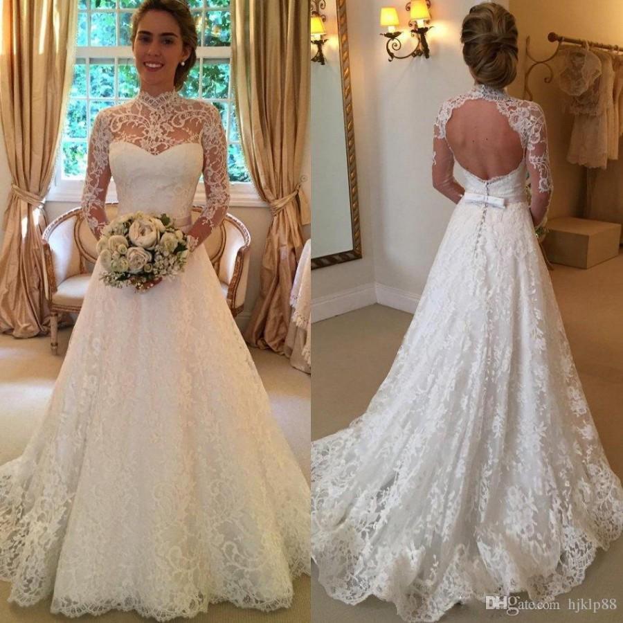 زفاف - 2016 Vintage Full Lace Wedding Dresses Long Sleeve Backless Country Sheer Bridal Gowns High Neck Cheap Sexy Formal A-Line Boho Wedding Dress Lace Luxury Illusion Online with 177.15/Piece on Hjklp88's Store 