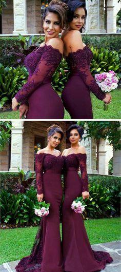 Hochzeit - Sexy Mermaid Long Sleeve Lace Long Burgundy Bridesmaid Dresses With Small Train ,WG153