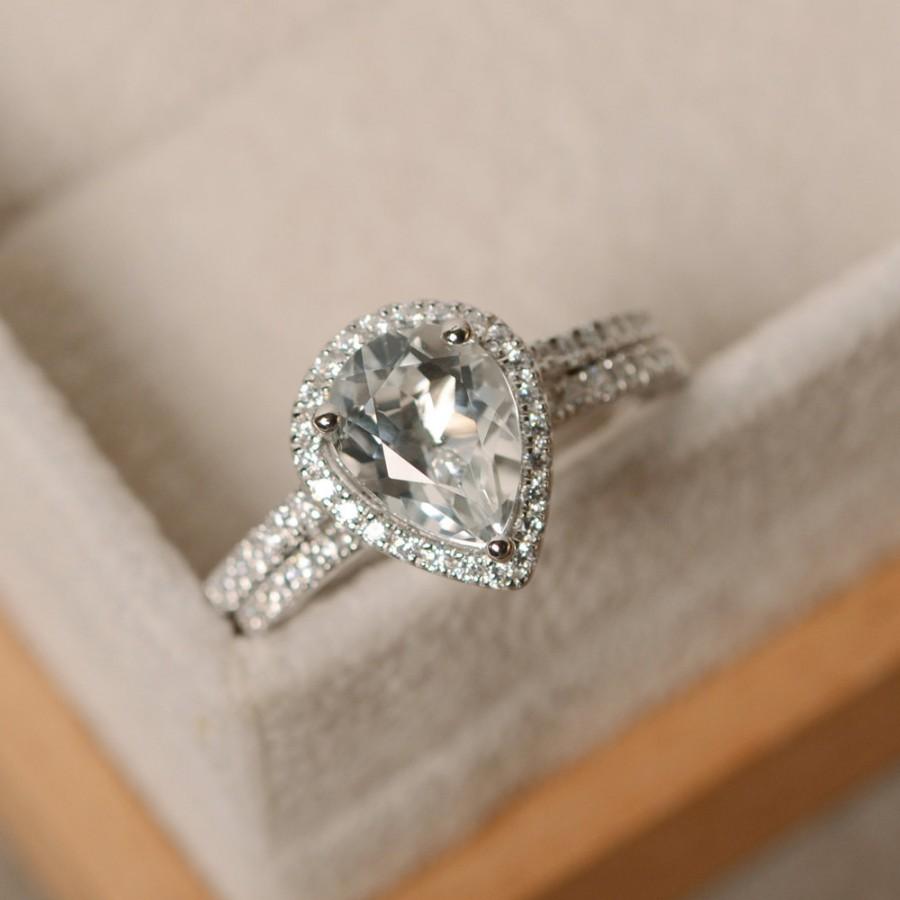 زفاف - White topaz engagement ring, pear cut, sterling silver