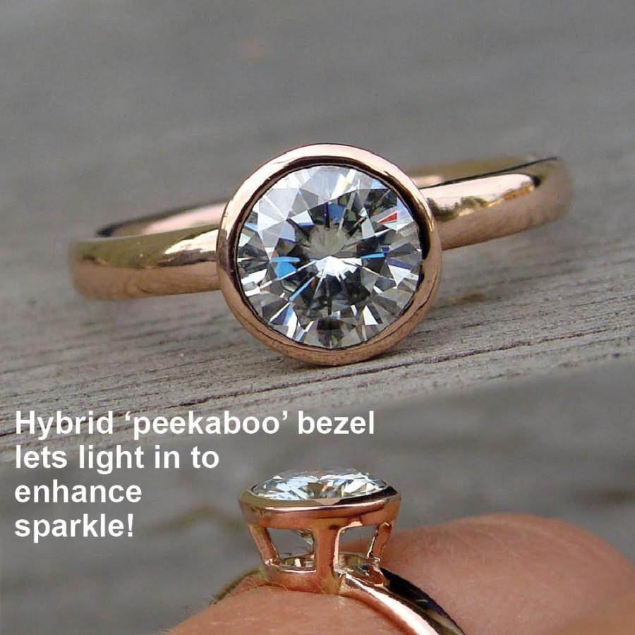 زفاف - Forever Brilliant Moissanite Engagement Ring with Hybrid Peekaboo Prong Bezel - Recycled 14k Rose Gold, Diamond Alternative