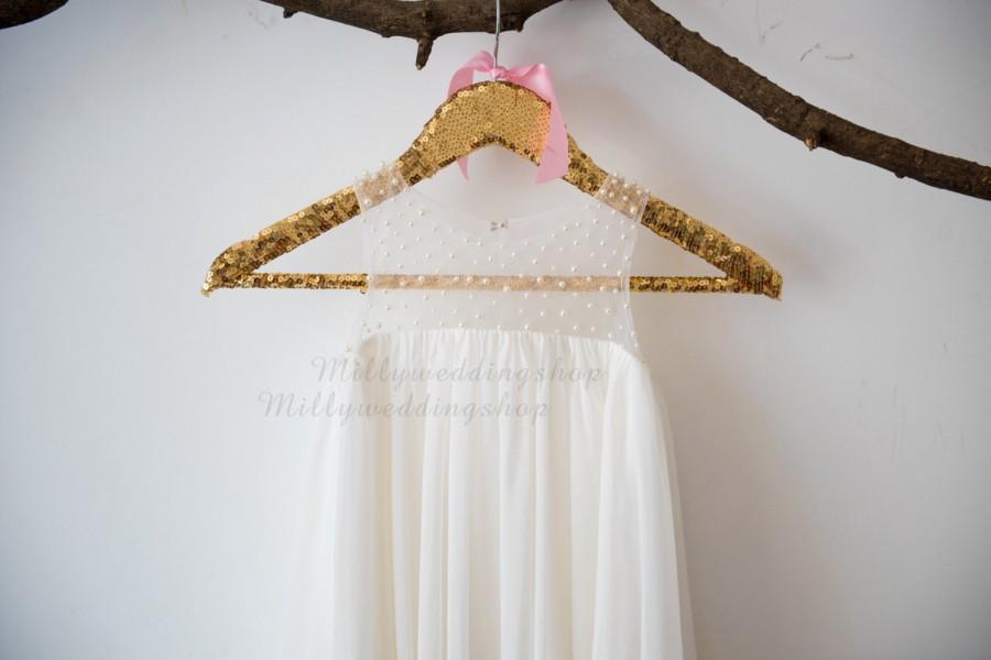 Свадьба - Boho Beach Pearl Tulle Chiffon Flower Girl Dress Wedding Junior Bridesmaid Dress M0037