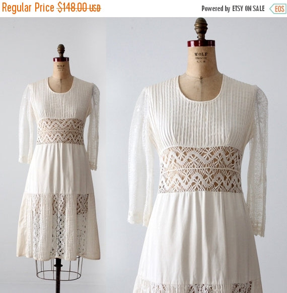 Wedding - sale 1970s white dress, vintage bohemian lace dress, peasant dress