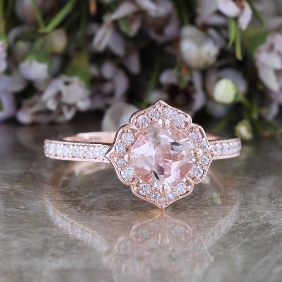 Свадьба - 14k Rose Gold Morganite Engagement Ring Mini Vintage Floral Ring in Milgrain Diamond Wedding Band 6x6mm Cushion Cut Color Gemstone Ring