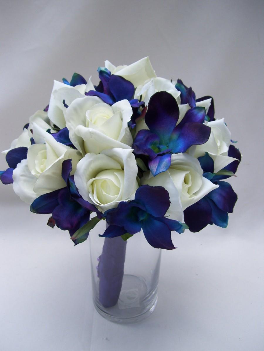 Wedding - Jennifer's Bridal Bouquet with Blue Violet Dendrobium Orchids, White Closed Roses,Singapore,Galaxy