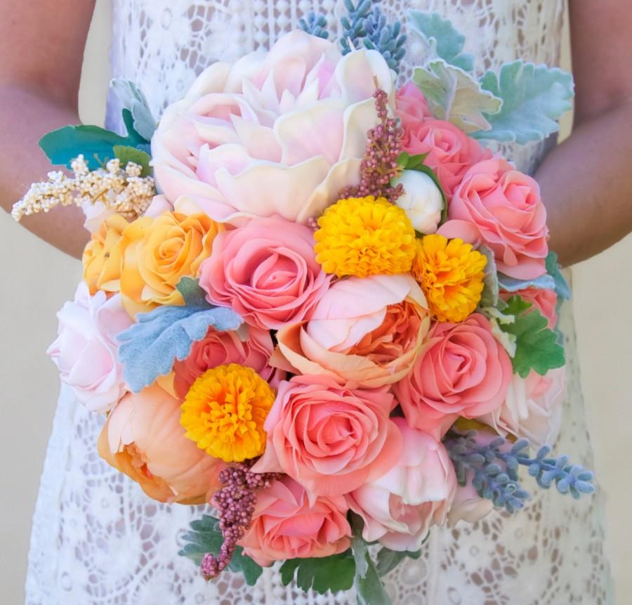 Wedding - Soft summer peony bouquet in soft pink, green and a hint of orange