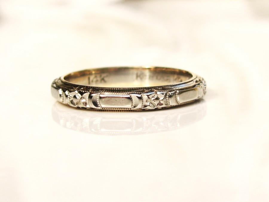 Свадьба - Vintage Keepsake Wedding Ring 14K White Gold Floral Design Ladies Wedding Band Stacking Ring Size 5.5