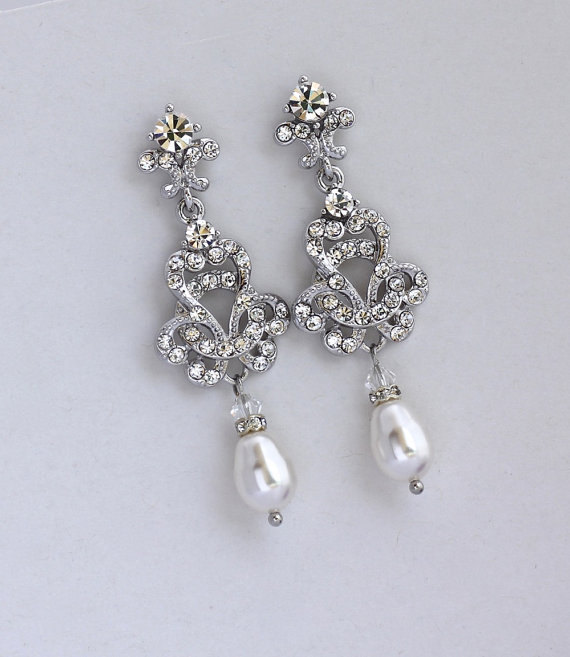 Mariage - Swarovski Pearl and Crystal Chandelier Wedding Earrings, Art Deco Bridal Earrings, Rhinestone Crystal Victorian Bridal Earrings