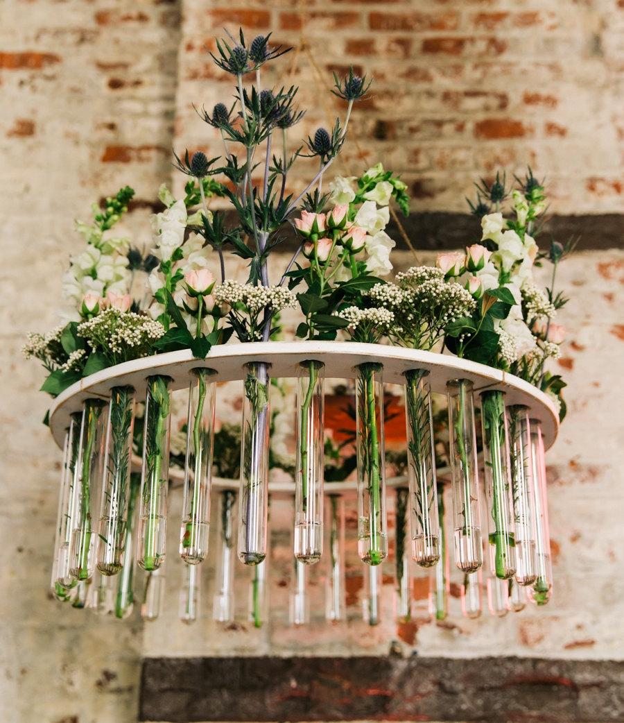 Hochzeit - Wooden Test Tube Flower Chandelier- Weddings, Garden Parties, Rustic Weddings, As seen at The Not Wedding NYC  and on Ruffled Blog