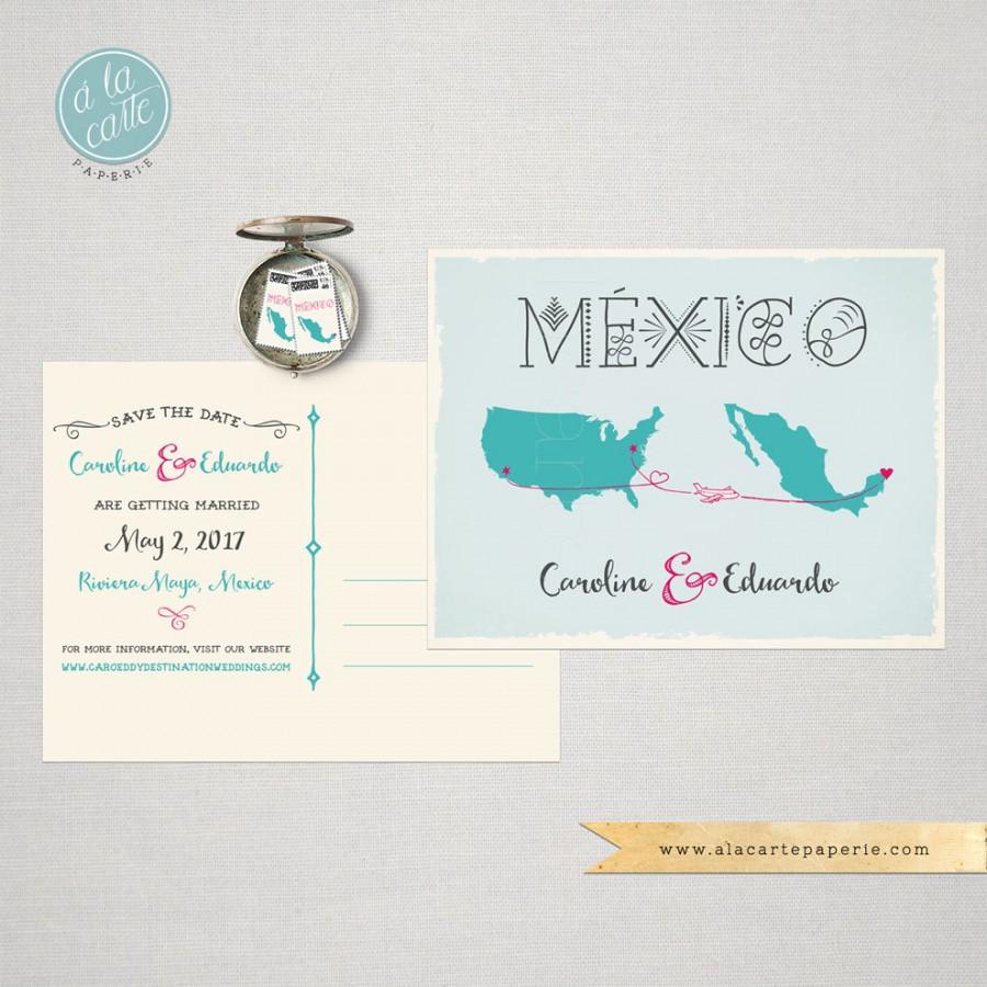 Wedding - Destination Wedding Save the Date Card USA Mexico Wedding card with maps and airplanes lines decorative Mexican blue coral pink fuchsia