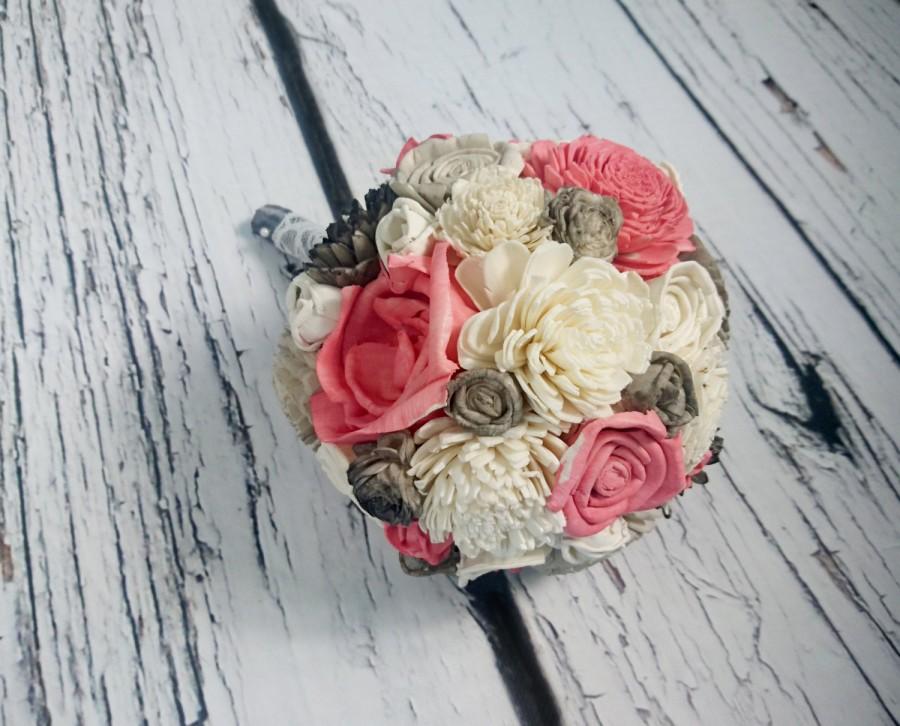 Свадьба - Small ivory grey and coral wedding BOUQUET sola Flowers, satin Handle, Flower girl, Bridesmaids, roses vintage custom small toss