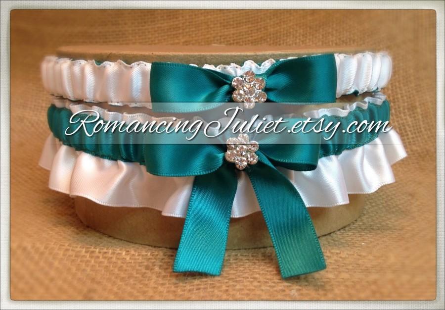 Hochzeit - Satin Bridal Garter Set with Rhinestone Accents..1 to Keep 1 to Toss...MANY COLORS AVAILABLE... Shown in teal/white