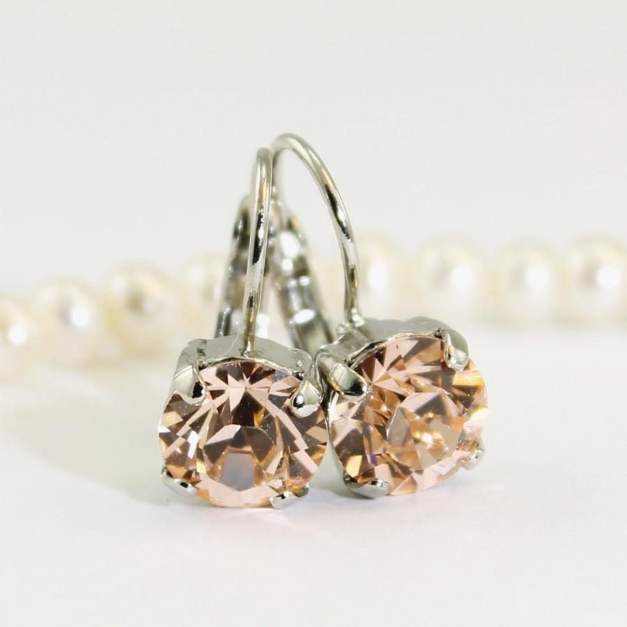 Mariage - Peach Earrings Light Peach Drop Earrings 8mm Swarovski Rhinestone Crystal Bridal Earrings Peach Bridesmaids Gift,Silver,Light Peach,SE2