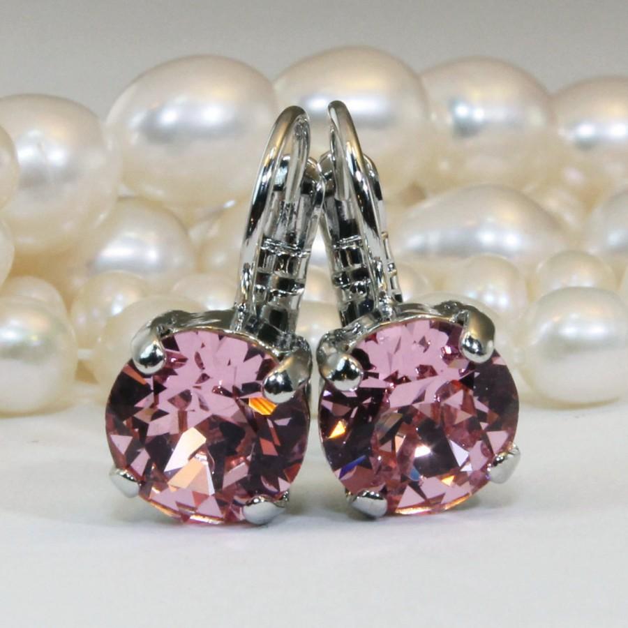 زفاف - Pink Crystal Earrings Pink Swarovski Drop Earrings Silver Earrings Pink Wedding Pink bridesmaids single stone Earrings,Silver,Light Rose,SE2