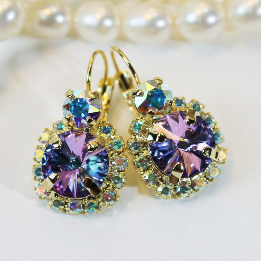 Wedding - Aqua Purple Earrings AB Swarovski Crystal Gold Earrings Violet Blue Drop Earrings Halo Earrings,Aqua Purple Wedding,Gold,Vitrail Lite,GE102
