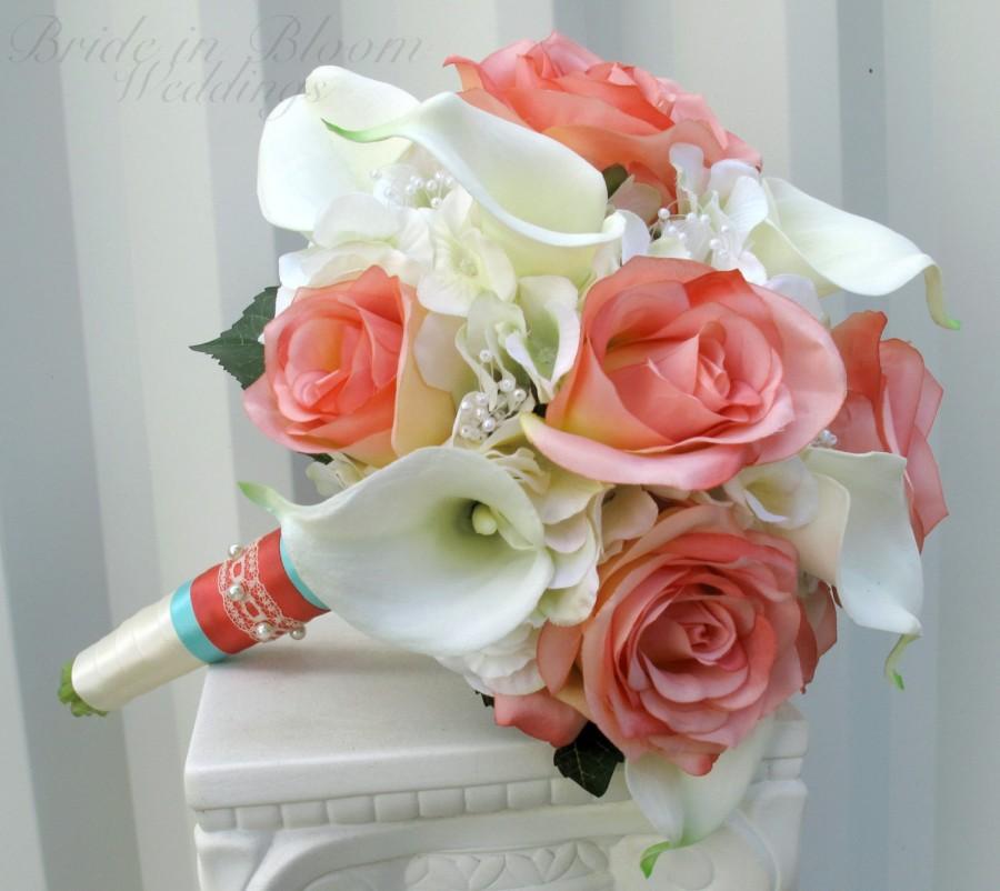 Mariage - Wedding bouquet coral cream real touch calla lily silk rose bridal bouquet