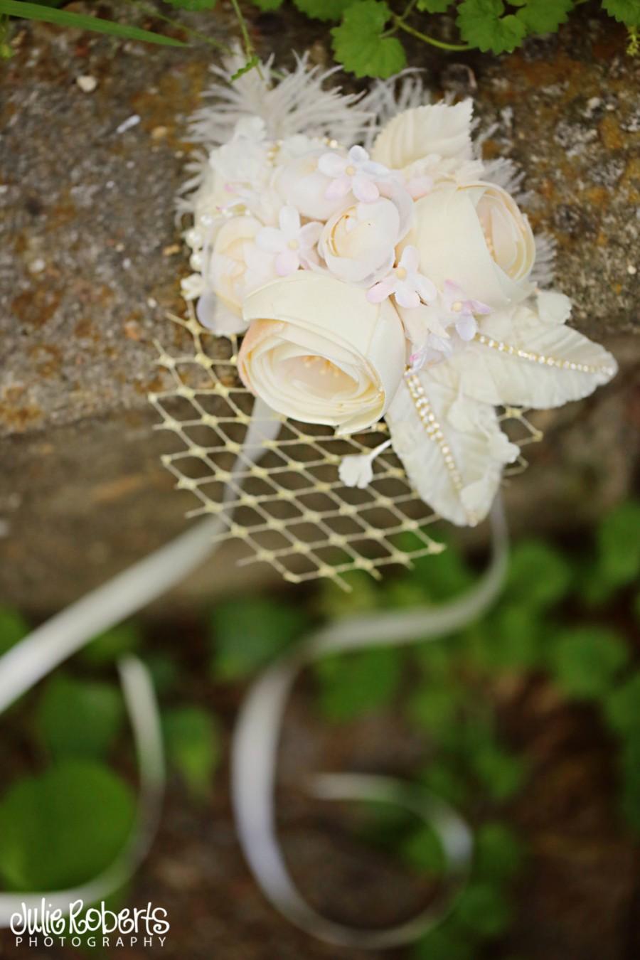 Wedding - Ivory & Gold Flower Veil Fascinator, Floral Feather Leaf Millinery Headpiece