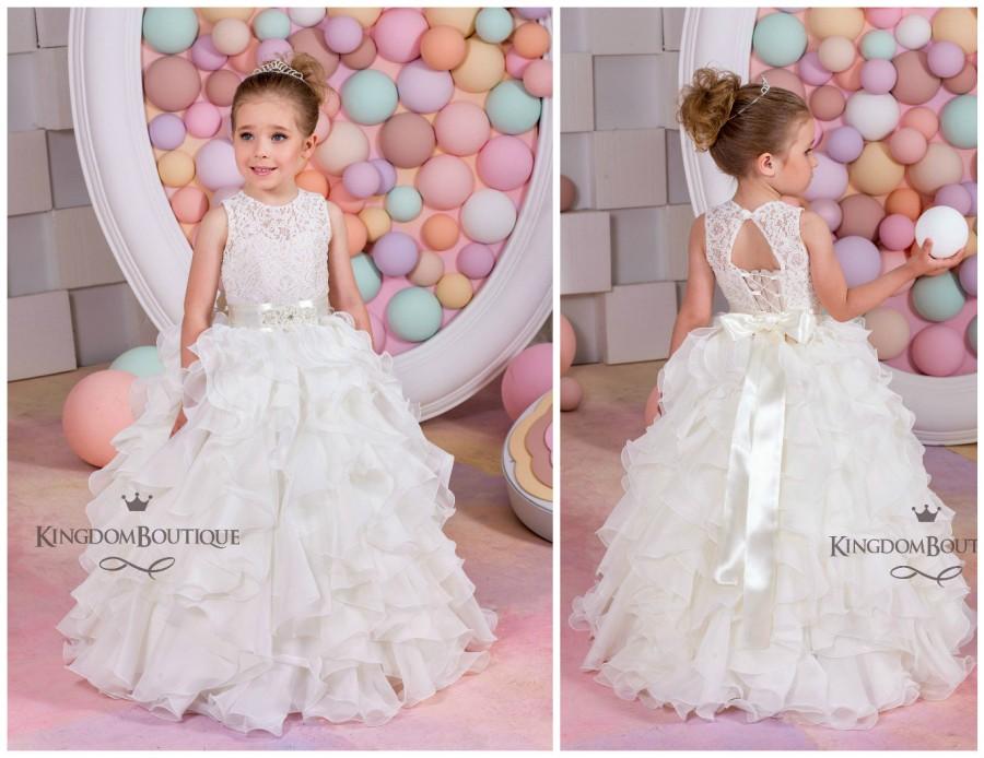 Wedding - Ivory and Cappuccino Lace Flower Girl Dress - Bridesmaid Wedding Party Peasant Ivory and Cappuccino Lace Chiffon Flower Girl Dress 15-042