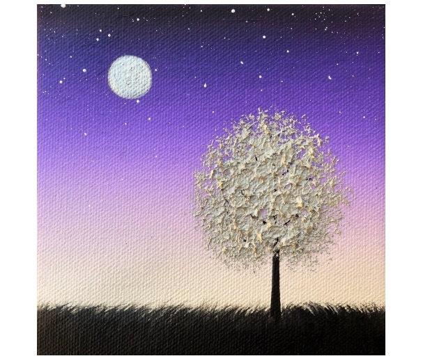 Свадьба - ORIGINAL Oil Painting, Purple Night, Starry Nightscape, Silver Tree Art, Miniature Painting, Palette Knife Painting, Textured Canvas Art 5x5