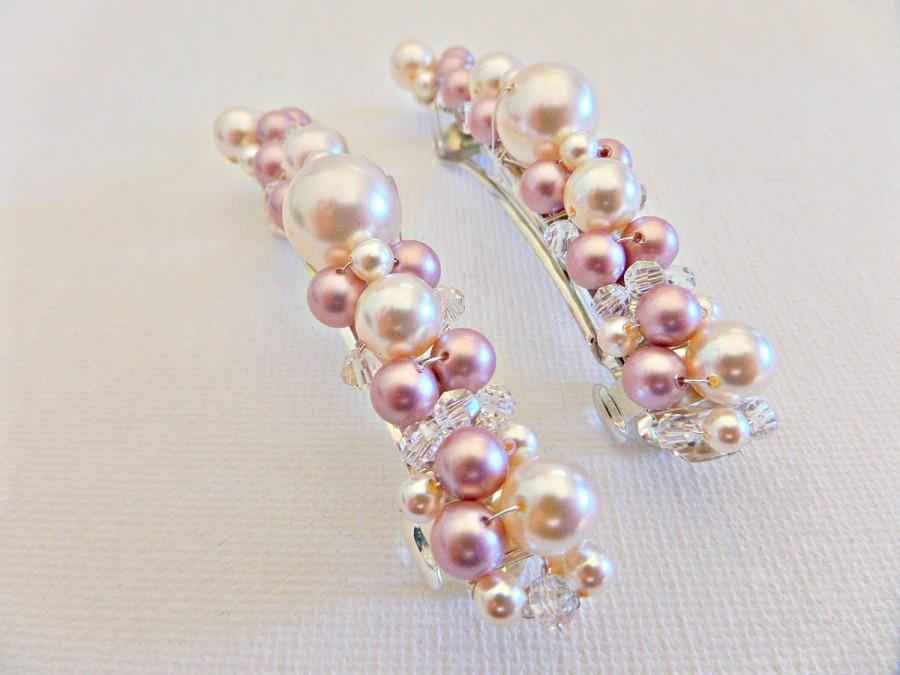 زفاف - Crystal pearl barrette, Creamrose Swarovski pearls, Pearl barrette for bride, Pearl hair decoration, Pearl prom barrette, UK seller