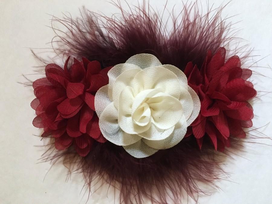 Wedding - Ivory Red Burgundy Maroon Chiffon Flower Marabou Hair Clip.Holiday Hair, Bridal Flower Hair Clip. Flower Girl Hair, Baby Headband.