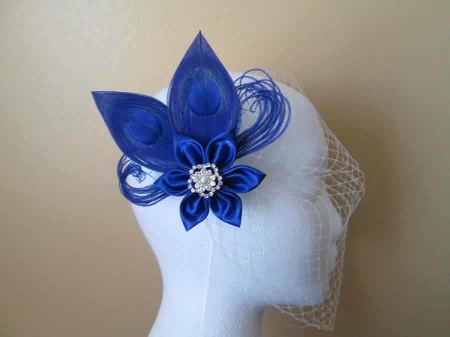 Wedding - Royal Blue Wedding Fascinator, Something Blue, Royal Blue Kanzashi Bridal Flower w/ Birdcage Veil, Bridesmaid, Prom or Homecoming Hair Clip