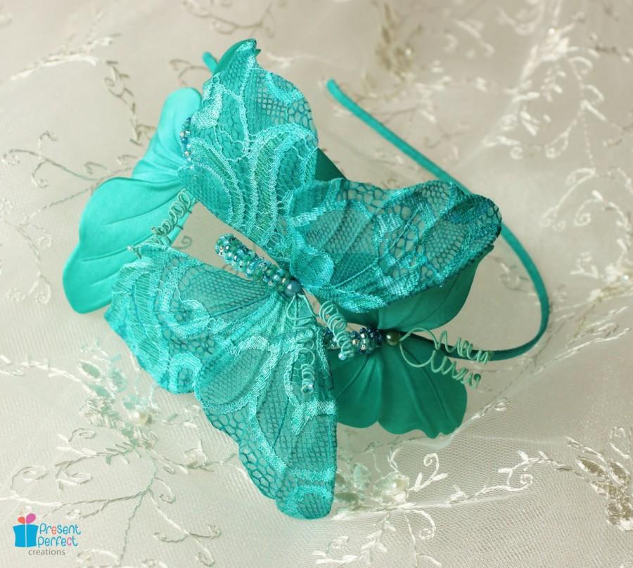 Mariage - Butterfly headband, turquoise fascinator, lace butterfly, turquoise wedding, turquoise headpiece, turquoise butterfly, costume headdress