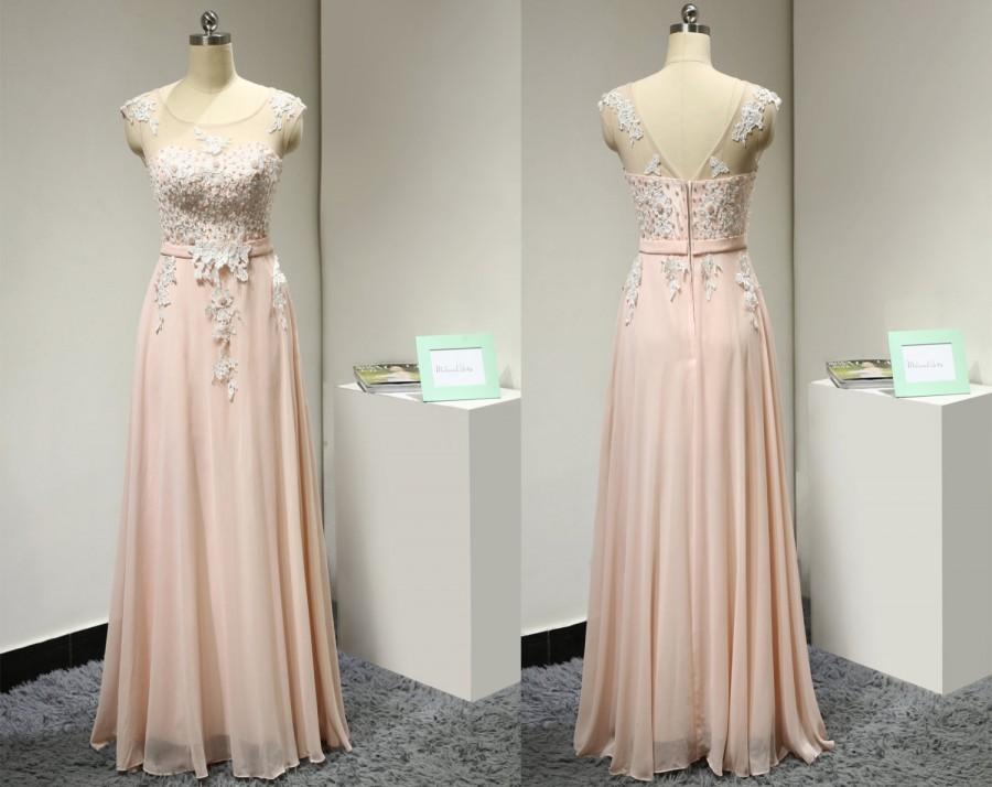 Wedding - Blush Pink Long Bridesmaid Dress with Pearls Beaded Lace Appliques Chiffon V Back Prom Dress Beautiful Evening Gown for Women