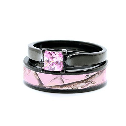 Hochzeit - Pink Womens Black Titanium Camo and Stainless Steel Princess Engagement Wedding Rings Set
