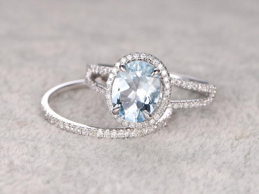 2pcs 8x10mm Oval Blue Aquamarine Wedding Ring Set Engagement Ring