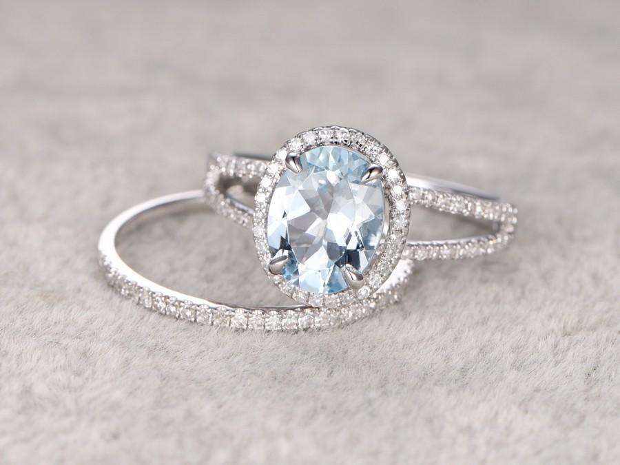 Свадьба - 2pcs 8x10mm Oval Blue Aquamarine Wedding ring set.Engagement ring,Diamond wedding band,14K White Gold,Gemstone Promise Bridal Ring,Stacking