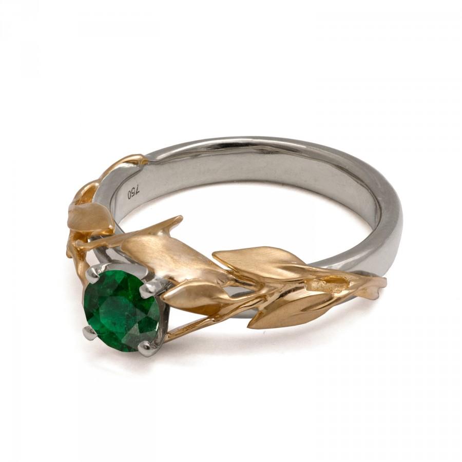 Wedding - Two Tone Leaves Emerald Ring - 18K White and Yellow Gold and Emerald Engagement ring, unique engagement ring, leaf ring, art nouveau, 4B