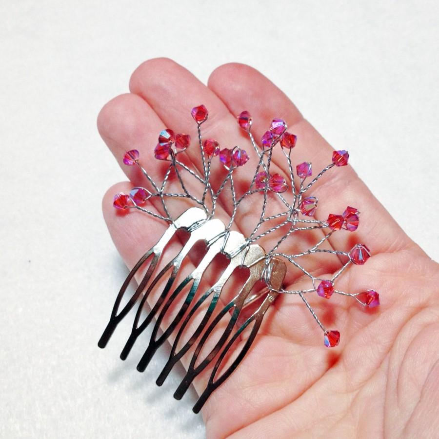 Hochzeit - Crystal Hair Comb - Wedding Swarovski Crystal Full Spray Bridal Hair Pin - Pink Fuchsia Fuschia Watermelon Begonia
