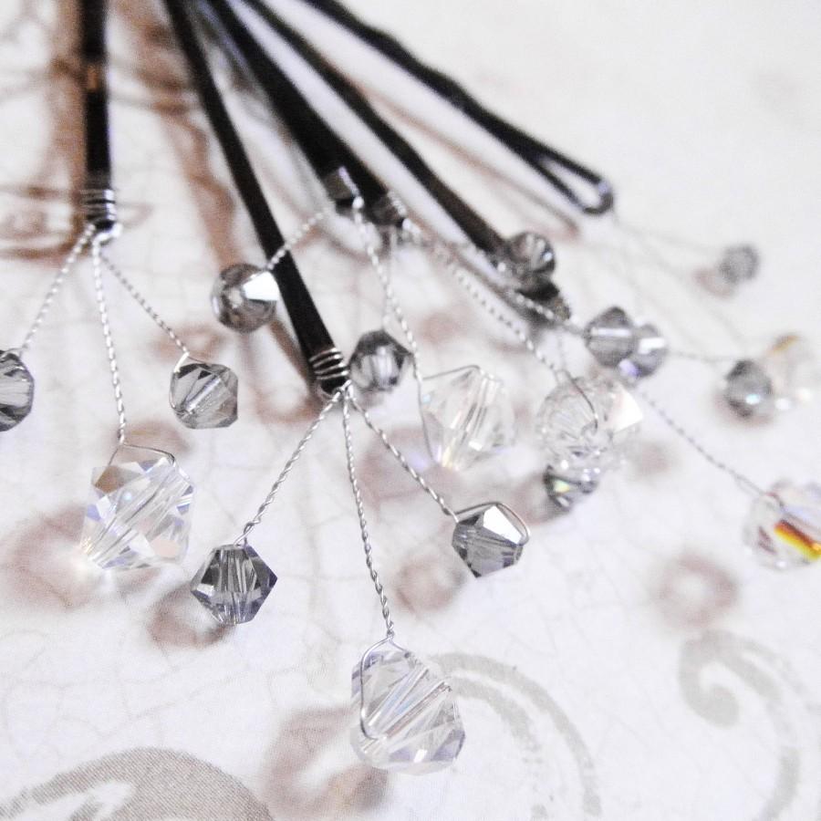 Свадьба - Silver Diamond Hair Pins Swarovski Crystal Spray (set of 6 wedding bobby pins) Customize Bridal Hair Accessory