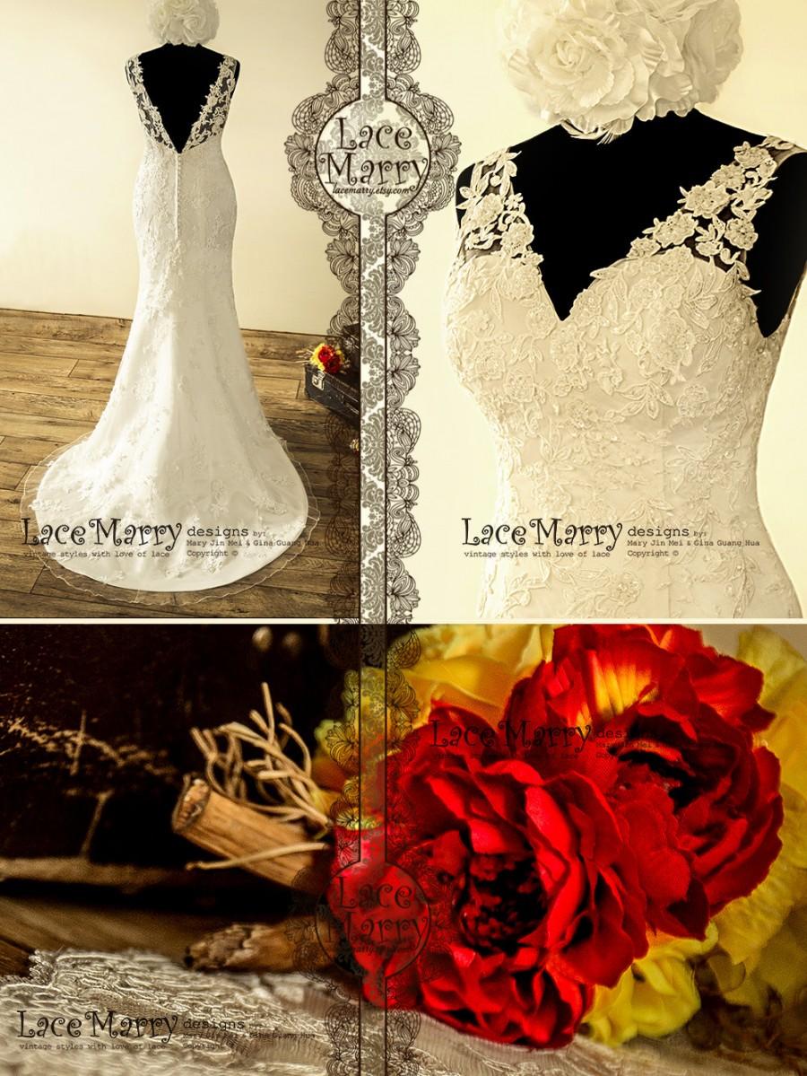 زفاف - Magical Hand-Beaded Flower Appliqué Lace Wedding Dress with Deep V-Cut Back and Alluring V-Neckline Featuring Satin Buttons and Sweep Train