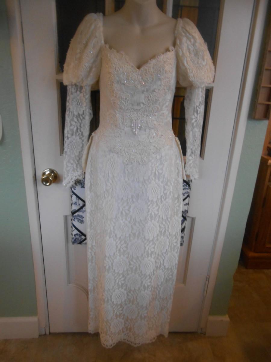 زفاف - 014-Early 1970's vintage Sheath wedding gown with a wonderful back "fishtail" in satin- great condition- worn full or ballerina length-