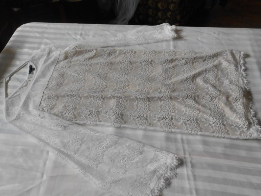 زفاف - Vintage 1980's lace sheath dress with beige underfabric and sheer upper and sleeves-by "Tiana B."- Made in USA Size small