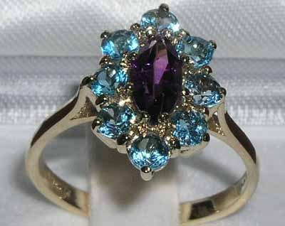 Wedding - 9K Solid English Yellow Gold Marquise Cut Natural Amethyst & Blue Topaz Elegant Cluster Flower Ring -Made in England - Customizable
