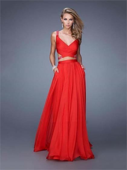 زفاف - A-line Ruhced Top Beaded Straps Chiffon Prom Dress PD3161