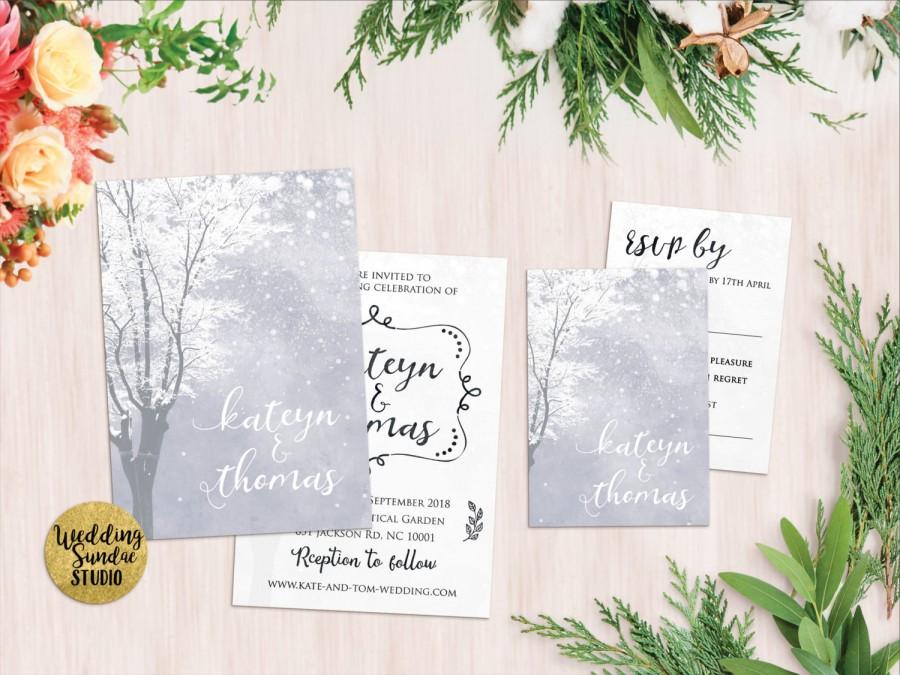 Wedding - Printed Card - Digital Printable Files - Grey Snow Tree Winter Wedding Invitation Set Save The Date RSVP Thank You Wedding Stationery ID737