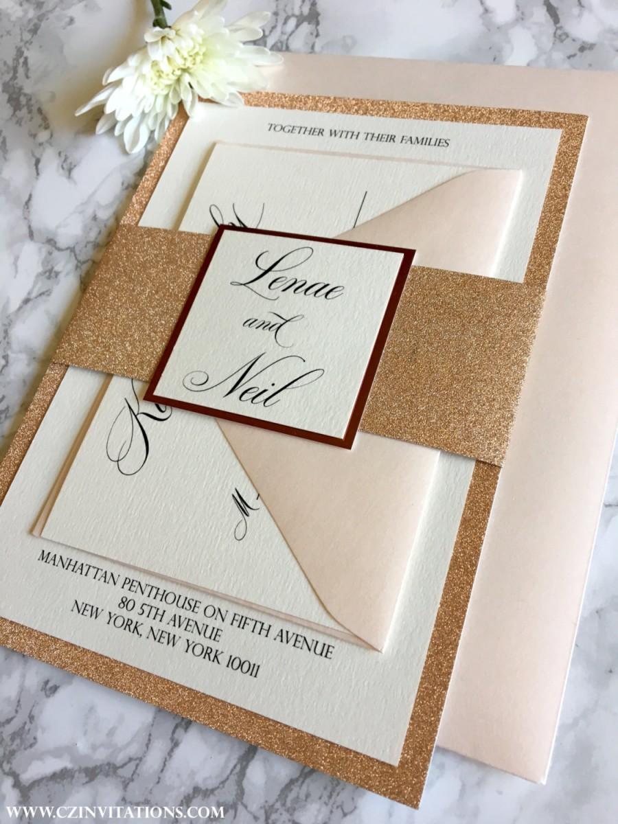 Wedding - Rose Gold Glitter Wedding Invitation with Glitter Belly Band, Rose Gold and Blush Glitter Invitation, Rose Gold Wedding Invitation